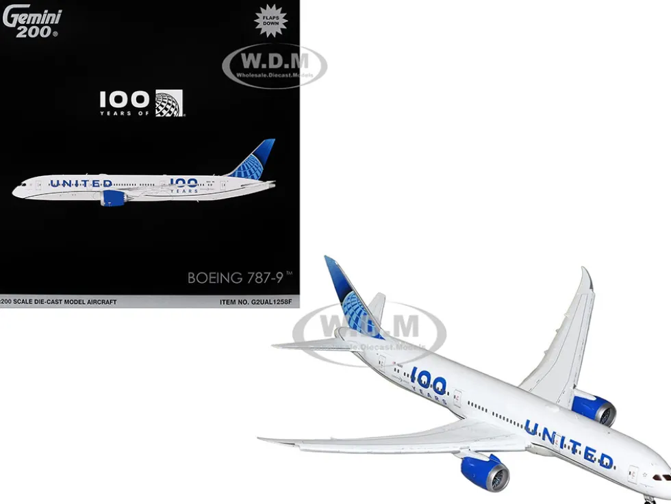Boeing 787-9 Commercial Aircraft with Flaps Down "United Airlines 100 Years" (N61101) White with Graphics and Blue Tail "Gemini 200" Series 1/200 Diecast Model Airplane by GeminiJets