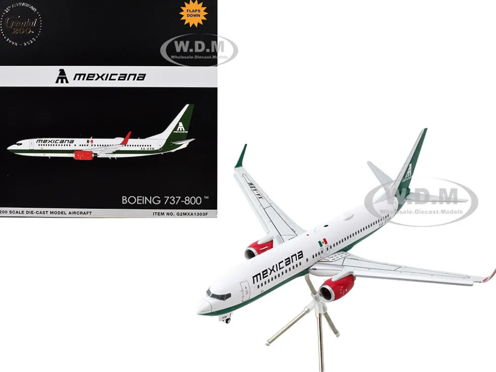 Boeing 737-800 Commercial Aircraft with Flaps Down "Mexicana" (XA-ASM) White with Green Stripes "Gemini 200" Series 1/200 Diecast Model Airplane by GeminiJets