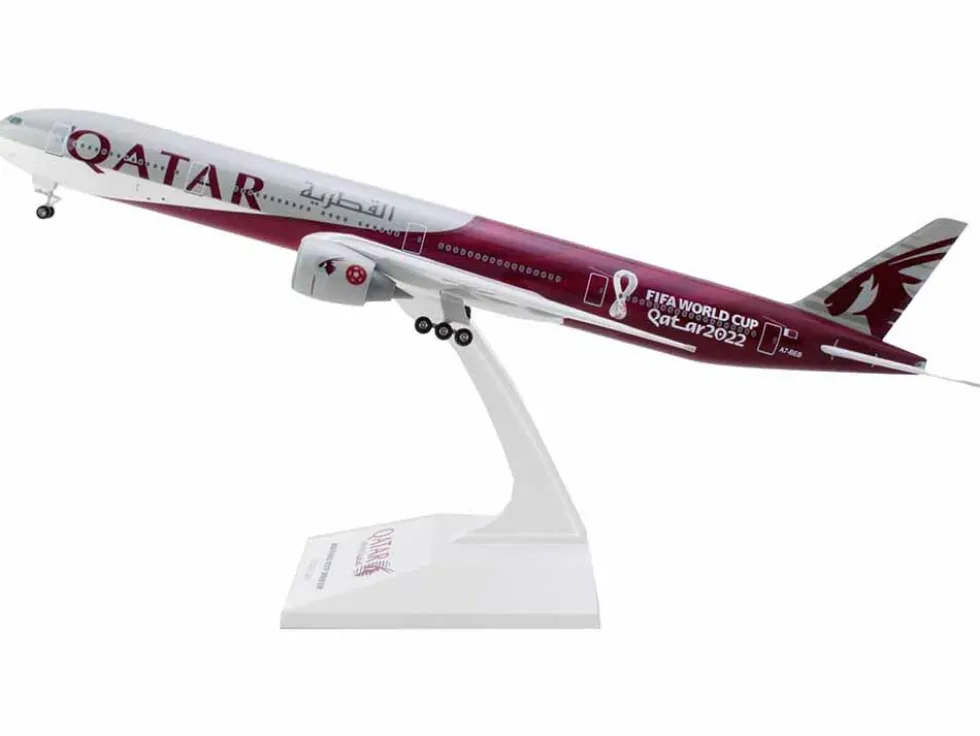 Boeing 777-300 Commercial Aircraft with Landing Gear "Qatar Airways - FIFA World Cup Qatar 2022" Gray and Dark Red (Snap-Fit) 1/200 Plastic Model by Skymarks