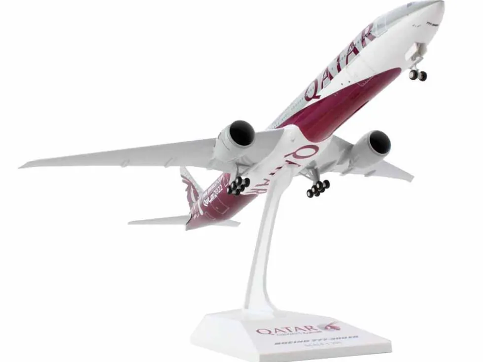Boeing 777-300 Commercial Aircraft with Landing Gear "Qatar Airways - FIFA World Cup Qatar 2022" Gray and Dark Red (Snap-Fit) 1/200 Plastic Model by Skymarks