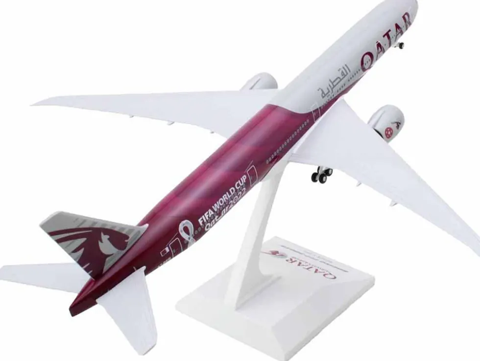 Boeing 777-300 Commercial Aircraft with Landing Gear "Qatar Airways - FIFA World Cup Qatar 2022" Gray and Dark Red (Snap-Fit) 1/200 Plastic Model by Skymarks