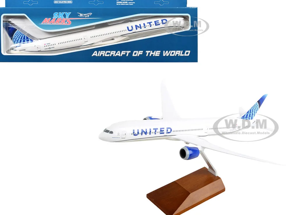 Boeing 787-10 Dreamliner Commercial Aircraft "United Airlines" (N12010) White with Blue Tail and Wood Stand (Snap-Fit) 1/200 Plastic Model by Skymarks