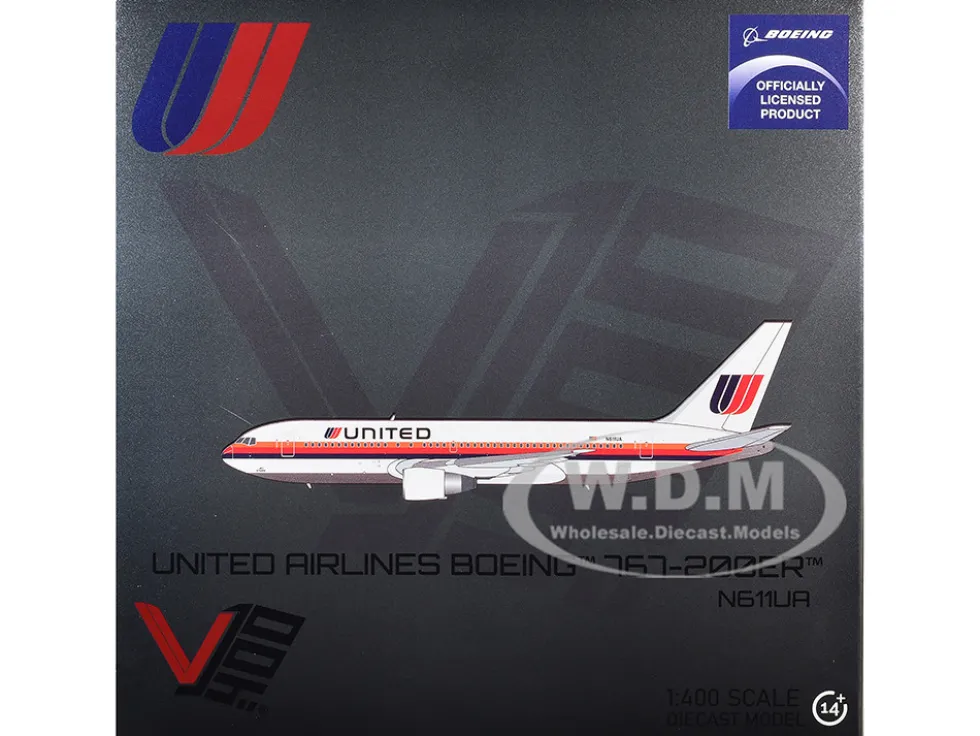 Boeing 767-200ER Commercial Aircraft "United Airlines" (N611UA) White with Stripes 1/400 Diecast Model Airplane by V1:400