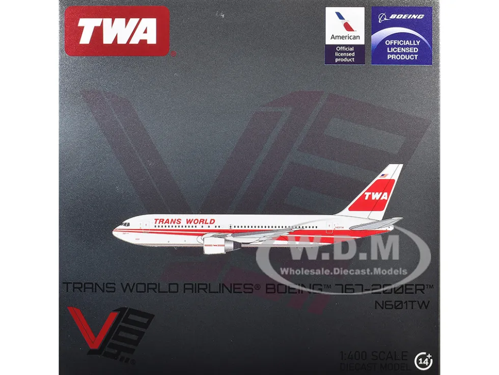 Boeing 767-200ER Commercial Aircraft "Trans World Airlines" (N601TW) White with Red Stripes 1/400 Diecast Model Airplane by V1:400