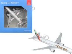 Boeing 777-300ER Commercial Aircraft with Flaps Down "Emirates Airlines" (A6-EQH) White with Striped Tail 1/400 Diecast Model Airplane by GeminiJets