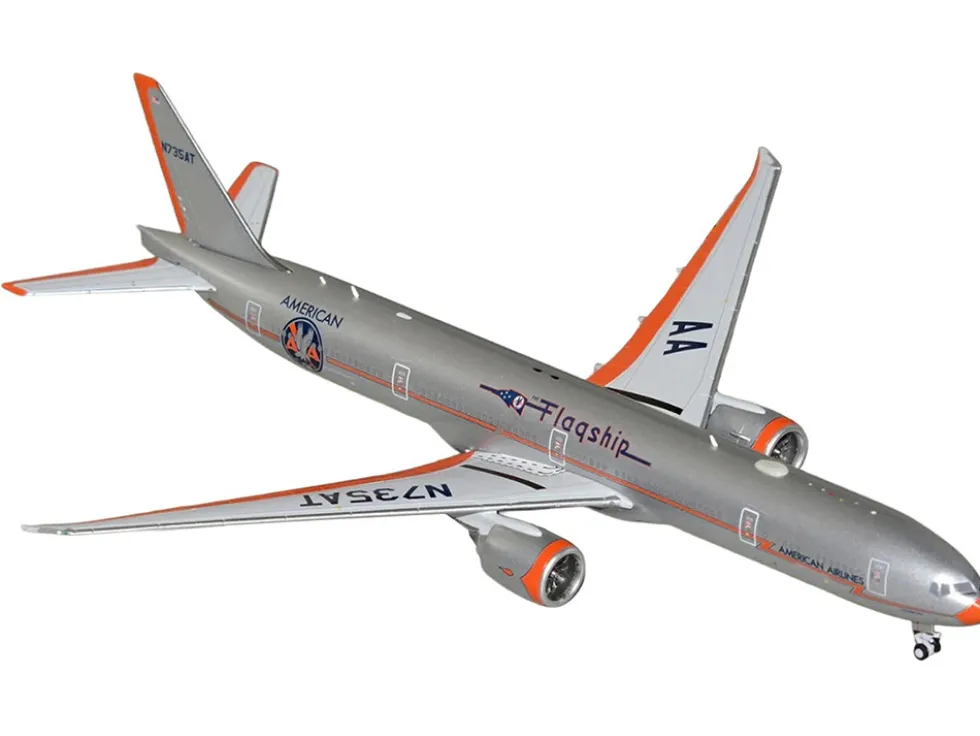 Boeing 777-300ER Commercial Aircraft "American Airlines - Flagship DFW" (N735AT) Silver with Orange Stripes 1/400 Diecast Model Airplane by GeminiJets