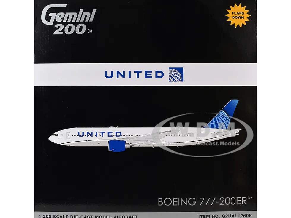 Boeing 777-200ER Commercial Aircraft with Flaps Down "United Airlines" (N798UA) White with Blue Tail "Gemini 200" Series 1/200 Diecast Model Airplane by GeminiJets