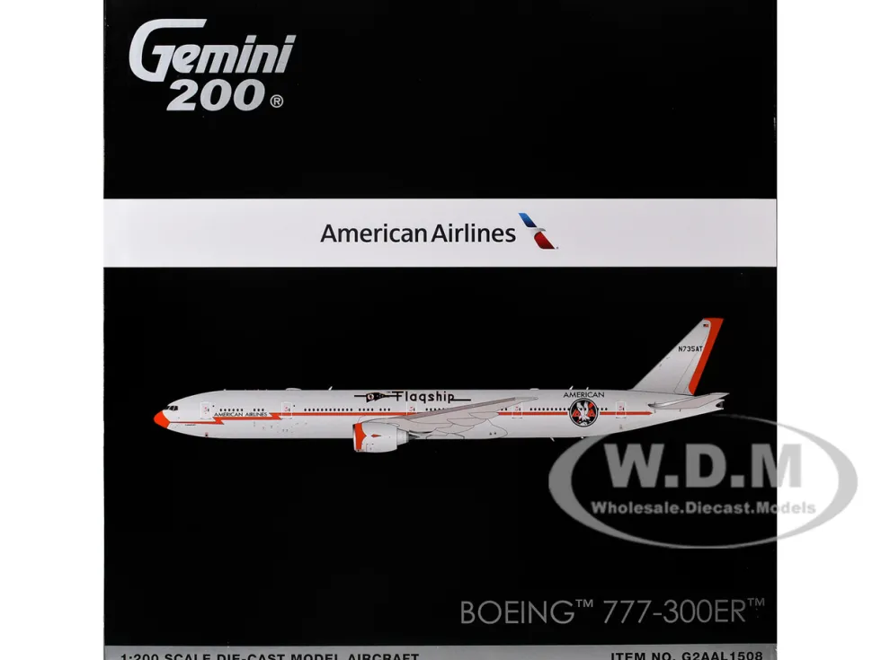 Boeing 777-300ER Commercial Aircraft "American Airlines - Flagship DFW" (N735AT) Silver with Orange Stripes "Gemini 200" Series 1/200 Diecast Model Airplane by GeminiJets