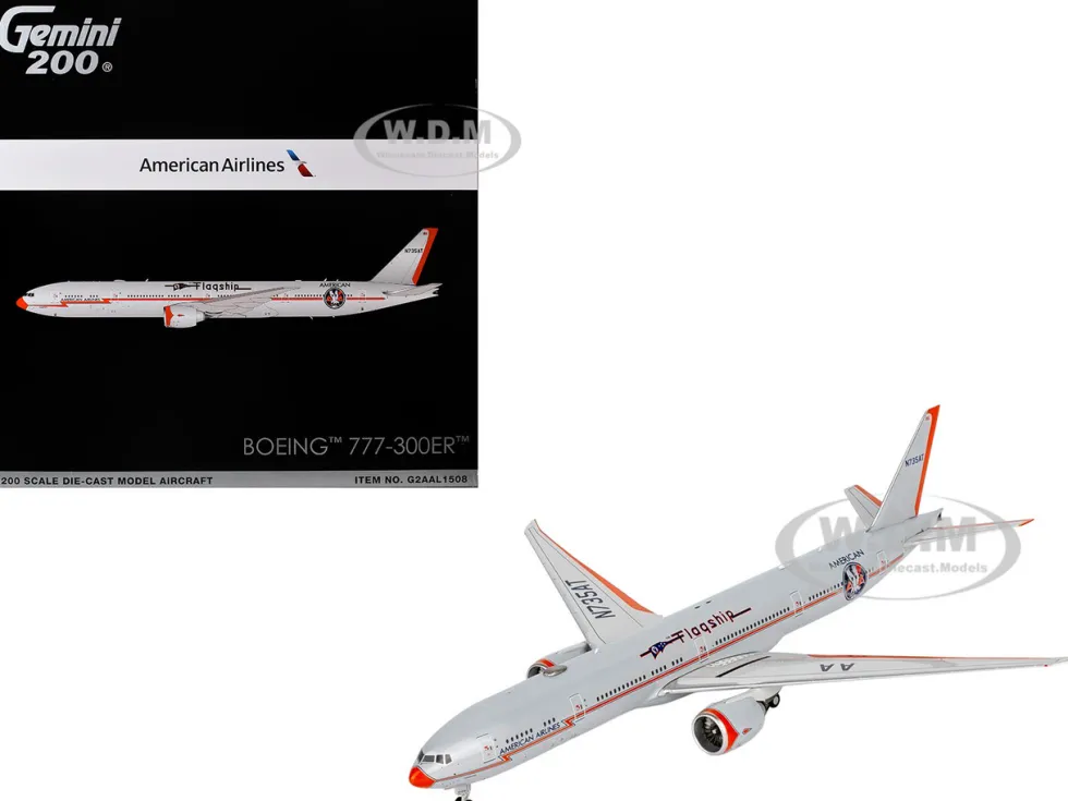 Boeing 777-300ER Commercial Aircraft "American Airlines - Flagship DFW" (N735AT) Silver with Orange Stripes "Gemini 200" Series 1/200 Diecast Model Airplane by GeminiJets