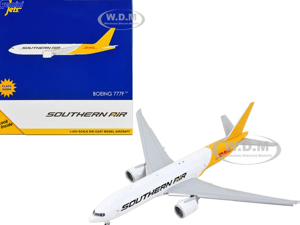 Boeing 777F Commercial Aircraft with Flaps Down Southern Air DHL White and Yellow 1/400 Diecast Model Airplane GeminiJets GJ2014F
