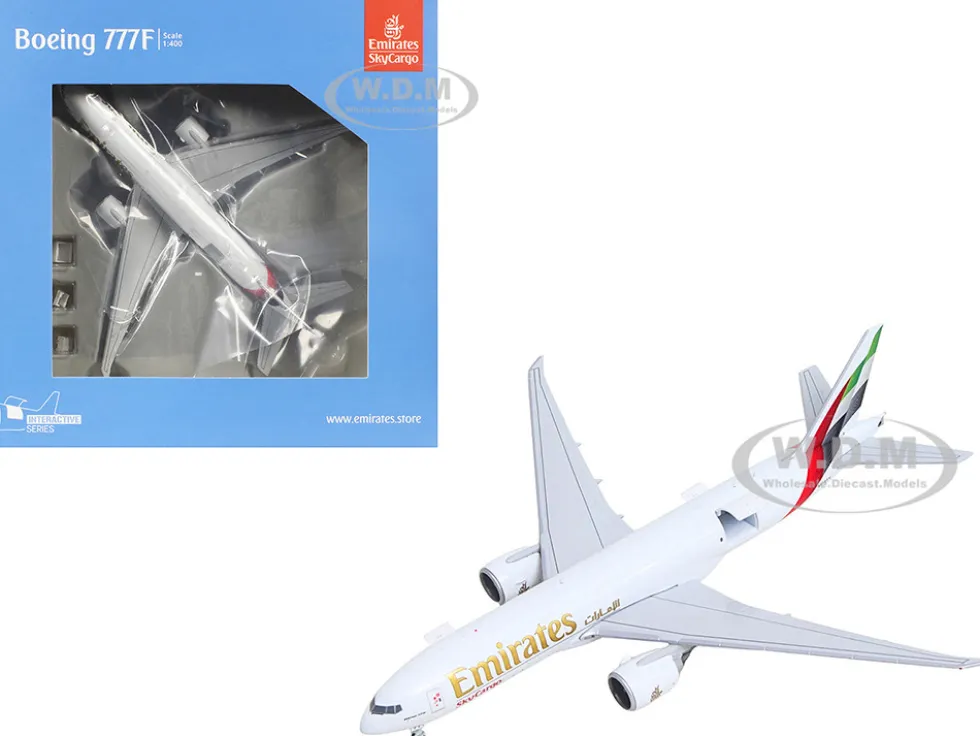 Boeing 777F Commercial Aircraft "Emirates SkyCargo" (A6-EFV) White with Striped Tail "Interactive Series" 1/400 Diecast Model Airplane by GeminiJets