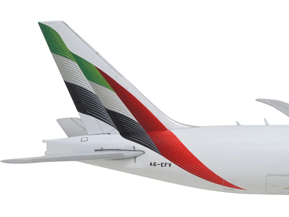 Boeing 777F Commercial Aircraft "Emirates SkyCargo" (A6-EFV) White with Striped Tail 1/400 Diecast Model Airplane by GeminiJets