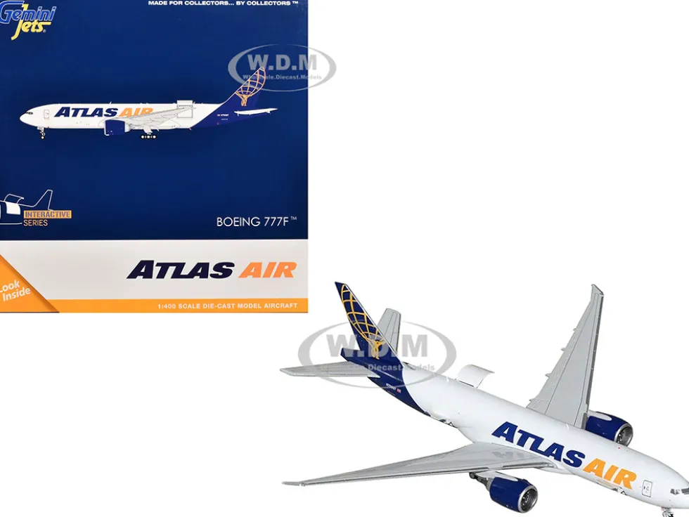 Boeing 777-200LRF Commercial Aircraft "Atlas Air" (N703GT) White with Blue Tail "Interactive Series" 1/400 Diecast Model Airplane by GeminiJets