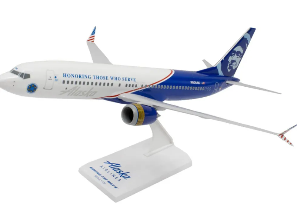 Boeing 737 MAX 8 Commercial Aircraft "Alaska Airlines - Honoring Those Who Serve" (N806AK) White and Blue (Snap-Fit) 1/130 Plastic Model by Skymarks