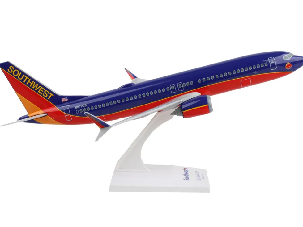 Boeing 737 MAX 8 Commercial Aircraft Southwest Airlines N872CB Blue with Red and Orange Stripes Snap Fit 1/130 Plastic Model Skymarks SKR1140
