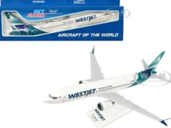 Boeing 737 MAX 8 Commercial Aircraft WestJet Airlines C FNWD White with Teal Tail Snap Fit 1/130 Plastic Model Skymarks SKR994