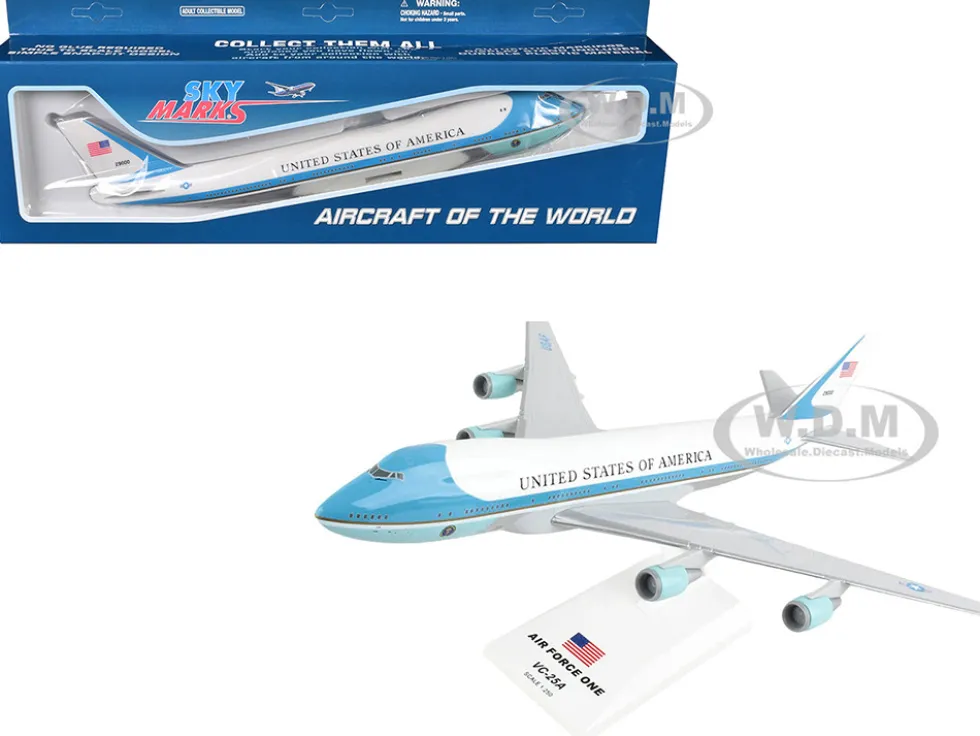 Boeing VC-25A Transport Aircraft "Air Force One - United States of America" (29000) White with Blue Stripes (Snap-Fit) 1/250 Plastic Model by Skymarks