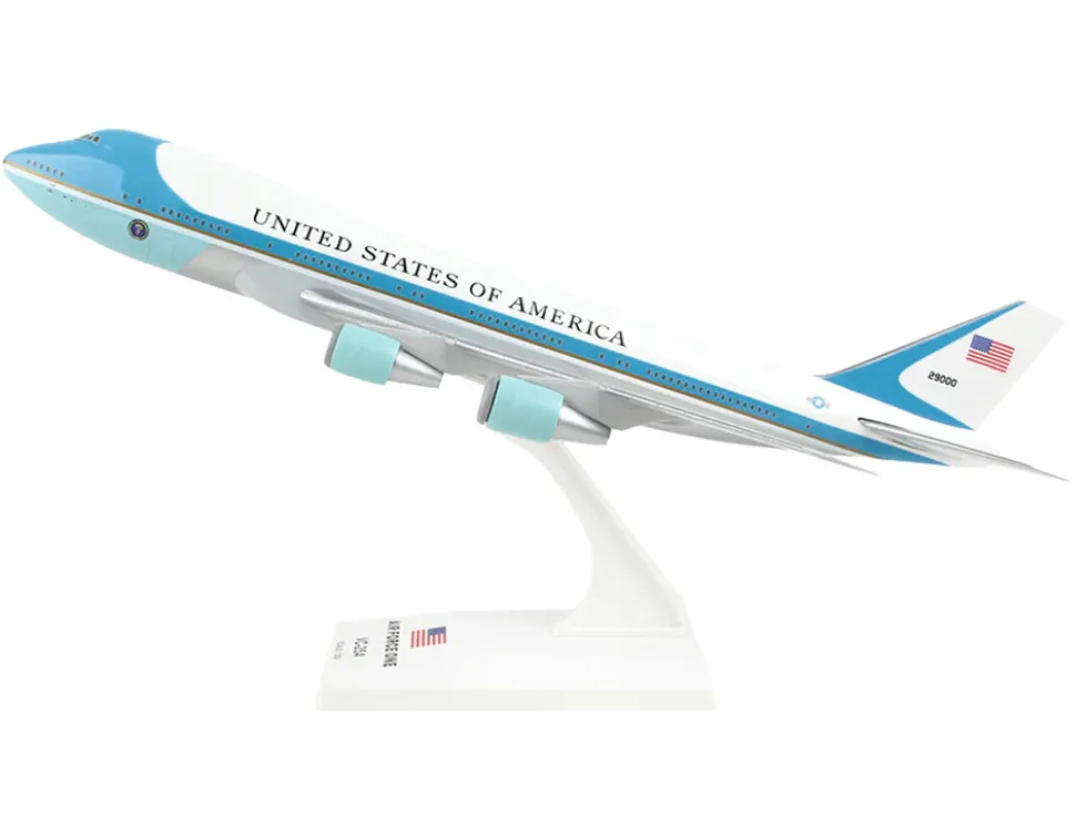 Boeing VC-25A Transport Aircraft "Air Force One - United States of America" (29000) White with Blue Stripes (Snap-Fit) 1/250 Plastic Model by Skymarks