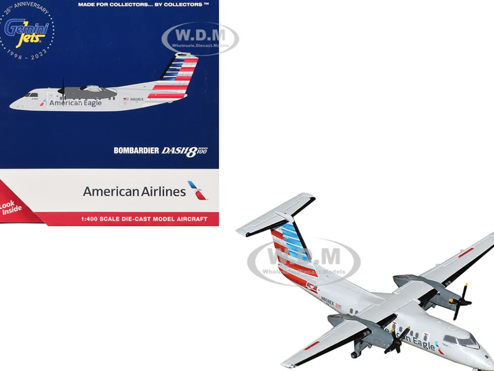 Bombardier Dash 8-100 Commercial Aircraft "American Airlines - American Eagle" (N808EX) Gray with Striped Tail 1/400 Diecast Model Airplane by GeminiJets