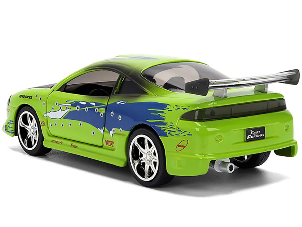 Brian's Mitsubishi Eclipse Green with Graphics (Damaged Version) "25 Years of Fast & Furious" "The Fast and the Furious" (2001) Movie 1/32 Diecast Model Car by Jada