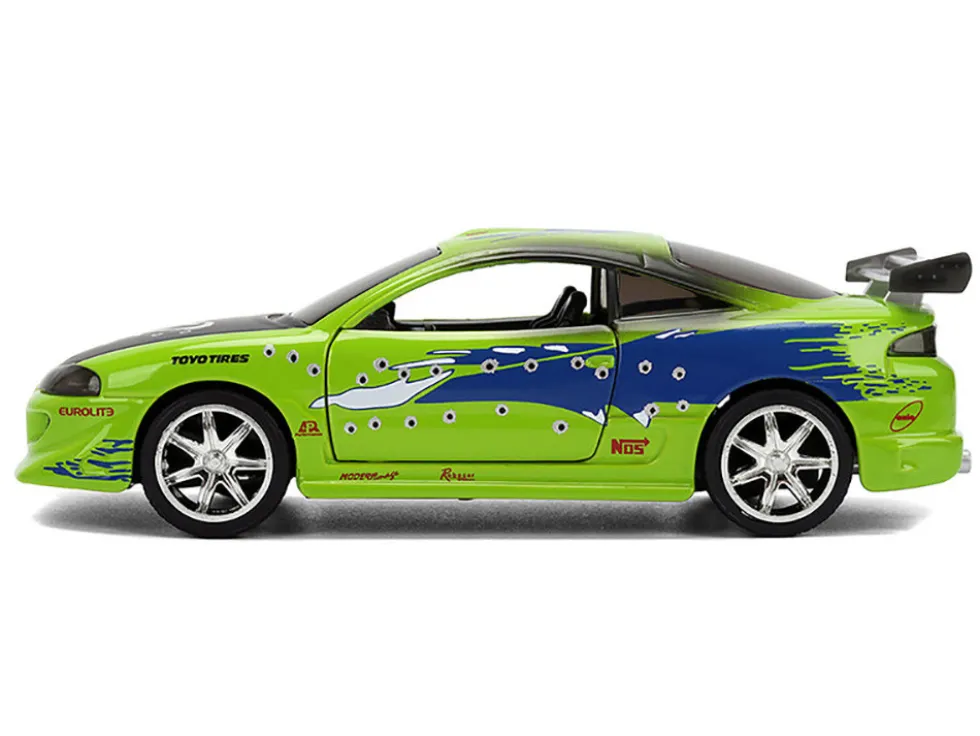 Brian's Mitsubishi Eclipse Green with Graphics (Damaged Version) "25 Years of Fast & Furious" "The Fast and the Furious" (2001) Movie 1/32 Diecast Model Car by Jada