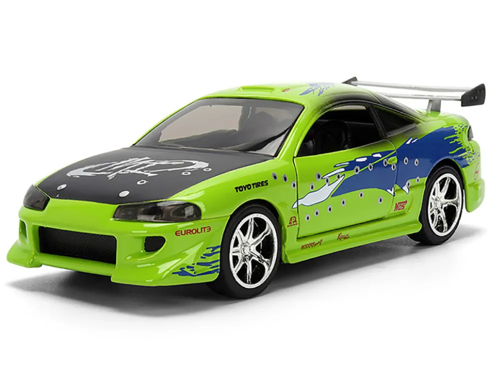 Brian's Mitsubishi Eclipse Green with Graphics (Damaged Version) "25 Years of Fast & Furious" "The Fast and the Furious" (2001) Movie 1/32 Diecast Model Car by Jada