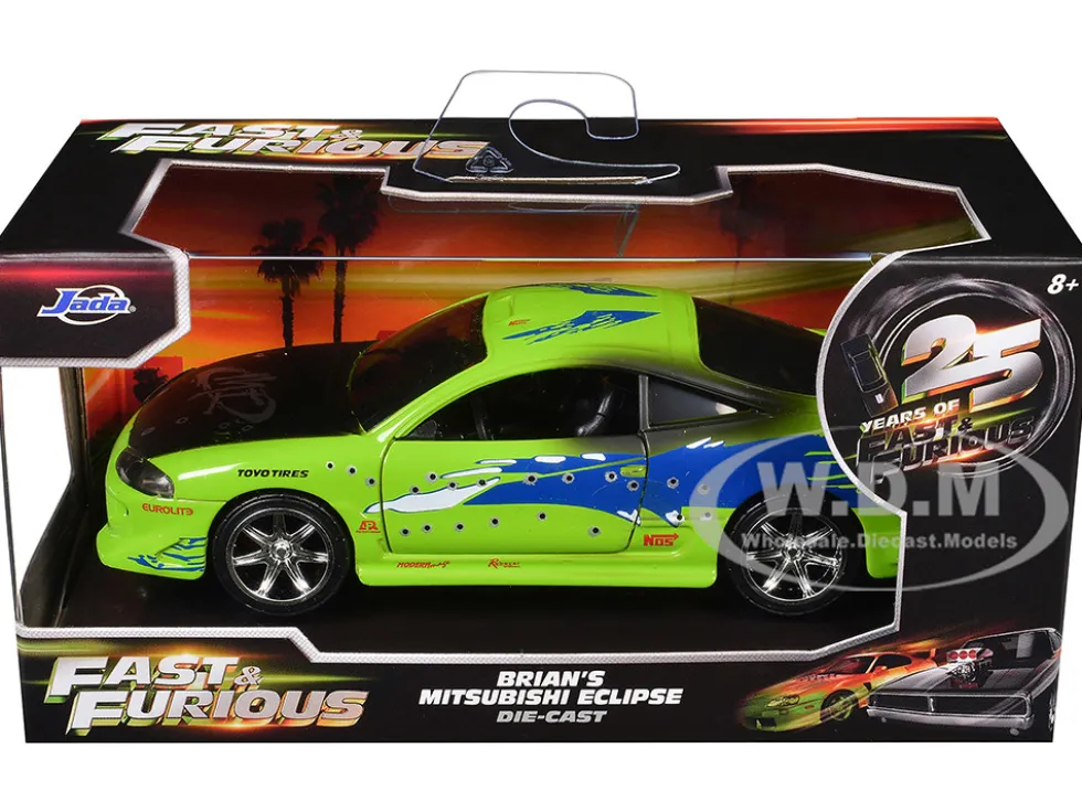 Brian's Mitsubishi Eclipse Green with Graphics (Damaged Version) "25 Years of Fast & Furious" "The Fast and the Furious" (2001) Movie 1/32 Diecast Model Car by Jada