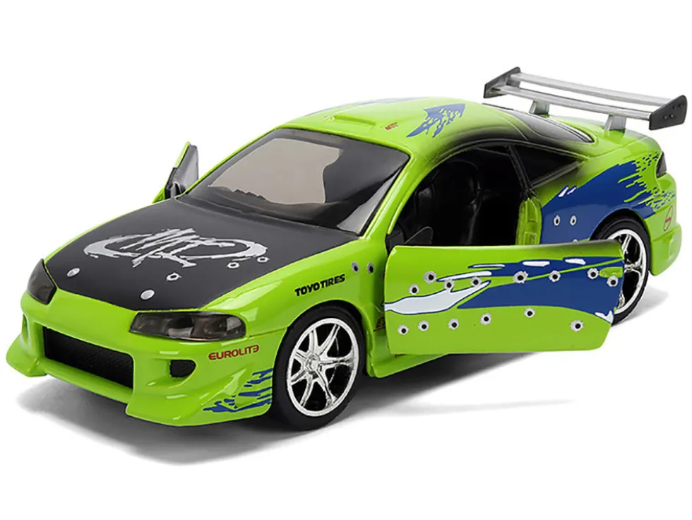 Brian's Mitsubishi Eclipse Green with Graphics (Damaged Version) "25 Years of Fast & Furious" "The Fast and the Furious" (2001) Movie 1/32 Diecast Model Car by Jada