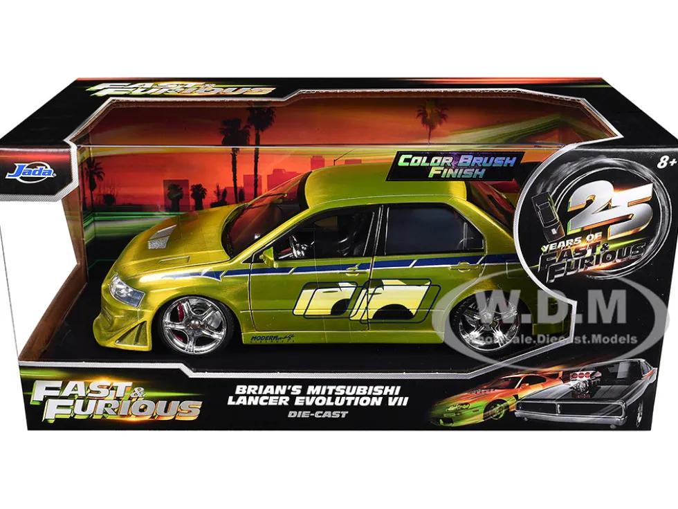 Brian's Mitsubishi Lancer Evolution VII Green Color Brush Finish "2 Fast 2 Furious" (2003) Movie "25 Years of Fast & Furious" Series 1/24 Diecast Model Car by Jada