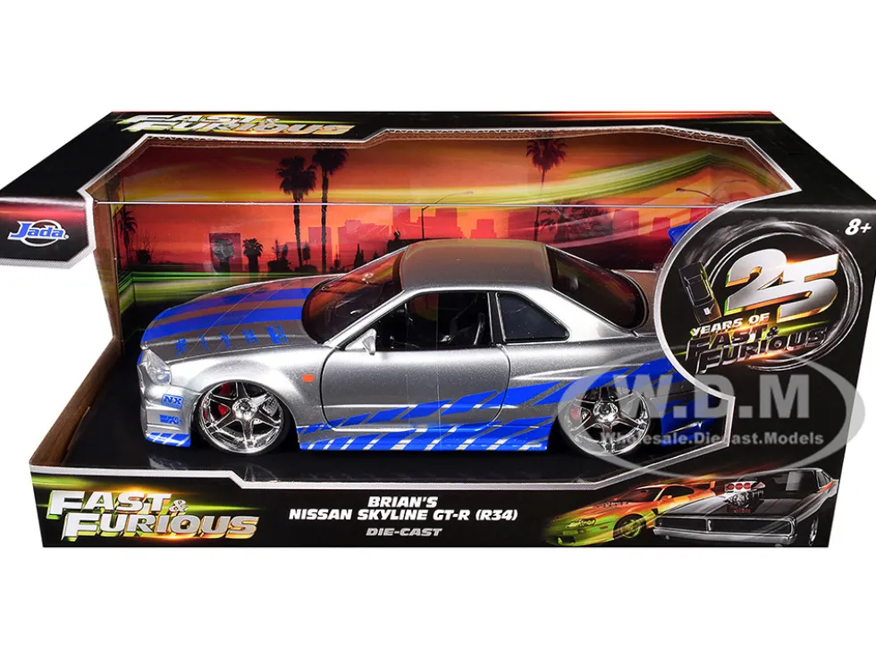 Brian's Nissan GTR Skyline R34 RHD (Right Hand Drive) Silver with Blue Stripes "Fast & Furious 25th Anniversary" Series 1/24 Diecast Model Car by Jada