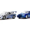 Brian's Nissan Skyline GT-R (BNR34) Silver with Blue Stripes and Nissan GT-R (BNR34) Blue Metallic Set of 2 pieces "25 Years of Fast & Furious" Series 1/32 Diecast Model Cars by Jada