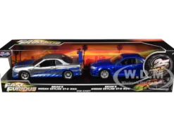 Brian's Nissan Skyline GT-R (BNR34) Silver with Blue Stripes and Nissan GT-R (BNR34) Blue Metallic Set of 2 pieces "25 Years of Fast & Furious" Series 1/32 Diecast Model Cars by Jada