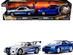 Brian's Nissan Skyline GT-R (BNR34) Silver with Blue Stripes and Nissan GT-R (BNR34) Blue Metallic Set of 2 pieces