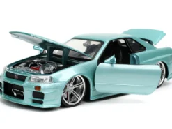 Brian's Nissan Skyline GT-R BNR34 RHD Right Hand Drive Turquoise Metallic Fast & Furious Movie 1/24 Diecast Model Car Jada 32608