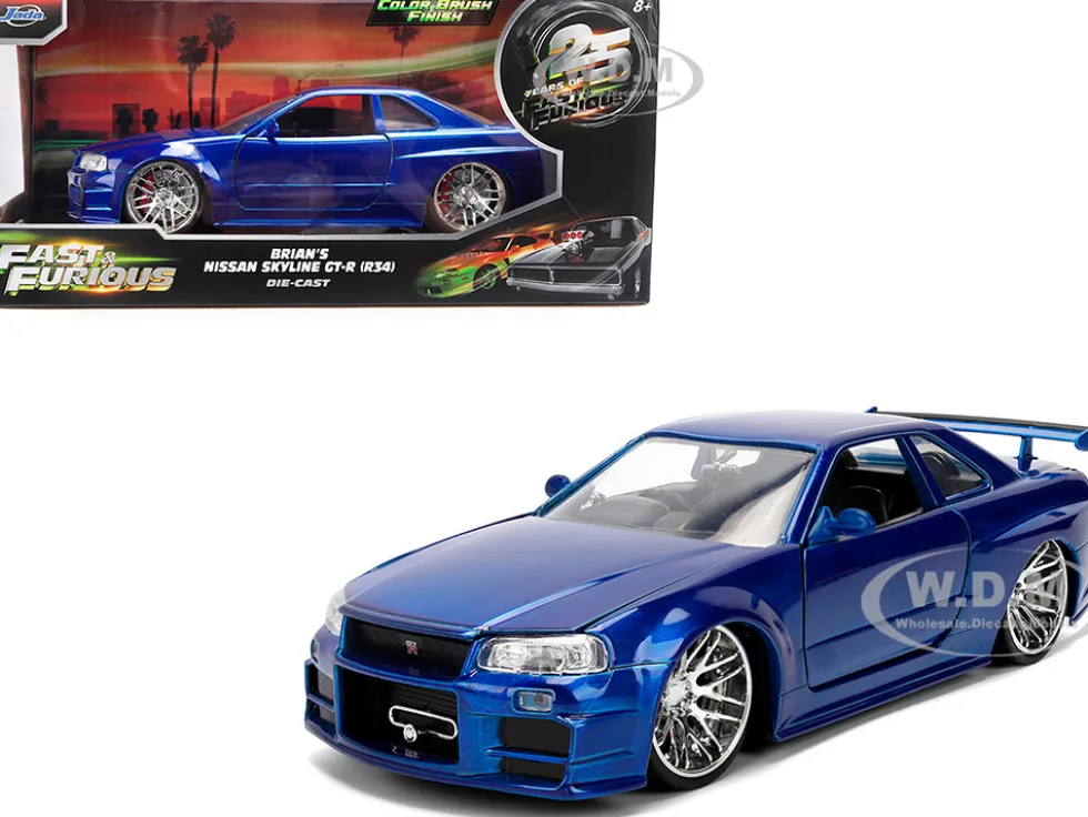Brian's Nissan Skyline GT-R (R34) RHD (Right Hand Drive) Blue Color Brush Finish 25 Years of Fast & Furious Anniversary "2 Fast 2 Furious" (2003) Movie "Fast & Furious" Series 1/24 Diecast Model Car by Jada
