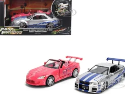 Brian's Nissan Skyline GT-R (R34) Silver Metallic with Blue Stripes and Suki's Honda S2000 Pink with Graphics Set of 2 Cars "Fast & Furious 25th Anniversary" "Fast & Furious" Series 1/24 Diecast Model Cars by Jada