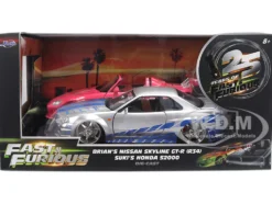 Brian's Nissan Skyline GT-R (R34) Silver Metallic with Blue Stripes and Suki's Honda S2000 Pink with Graphics Set of 2 Cars "Fast & Furious 25th Anniversary" "Fast & Furious" Series 1/24 Diecast Model Cars by Jada