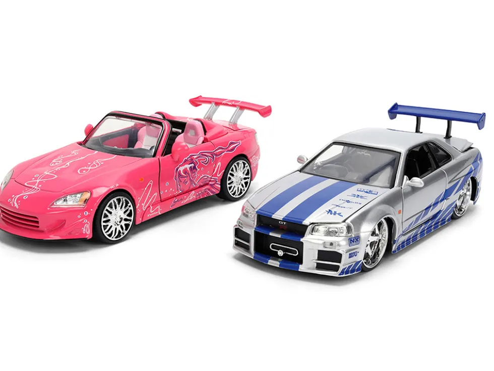 Brian's Nissan Skyline GT-R (R34) Silver Metallic with Blue Stripes and Suki's Honda S2000 Pink with Graphics Set of 2 Cars "Fast & Furious 25th Anniversary" "Fast & Furious" Series 1/24 Diecast Model Cars by Jada