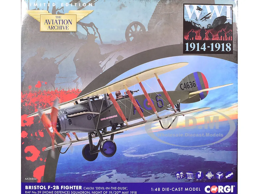 Bristol F-2B Fighter Aircraft "C4636, Devil-in-the-Dusk, No. 39 Squadron" (1918) Royal Flying Corps "The Aviation Archive" Series 1/48 Diecast Model by Corgi