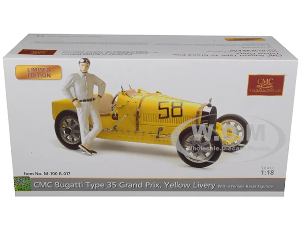 Bugatti T35 #58 Grand Prix Yellow Livery Female Racer Figurine Limited Edition 600 pieces Worldwide 1/18 Diecast Model Car CMC 100B017
