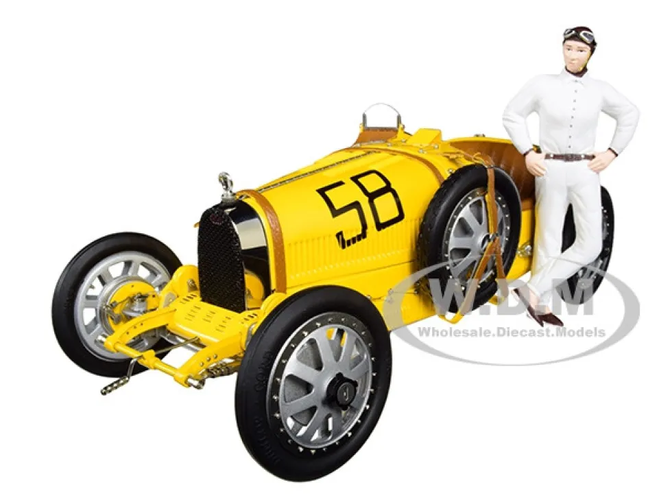 Bugatti T35 #58 Grand Prix Yellow Livery Female Racer Figurine Limited Edition 600 pieces Worldwide 1/18 Diecast Model Car CMC 100B017