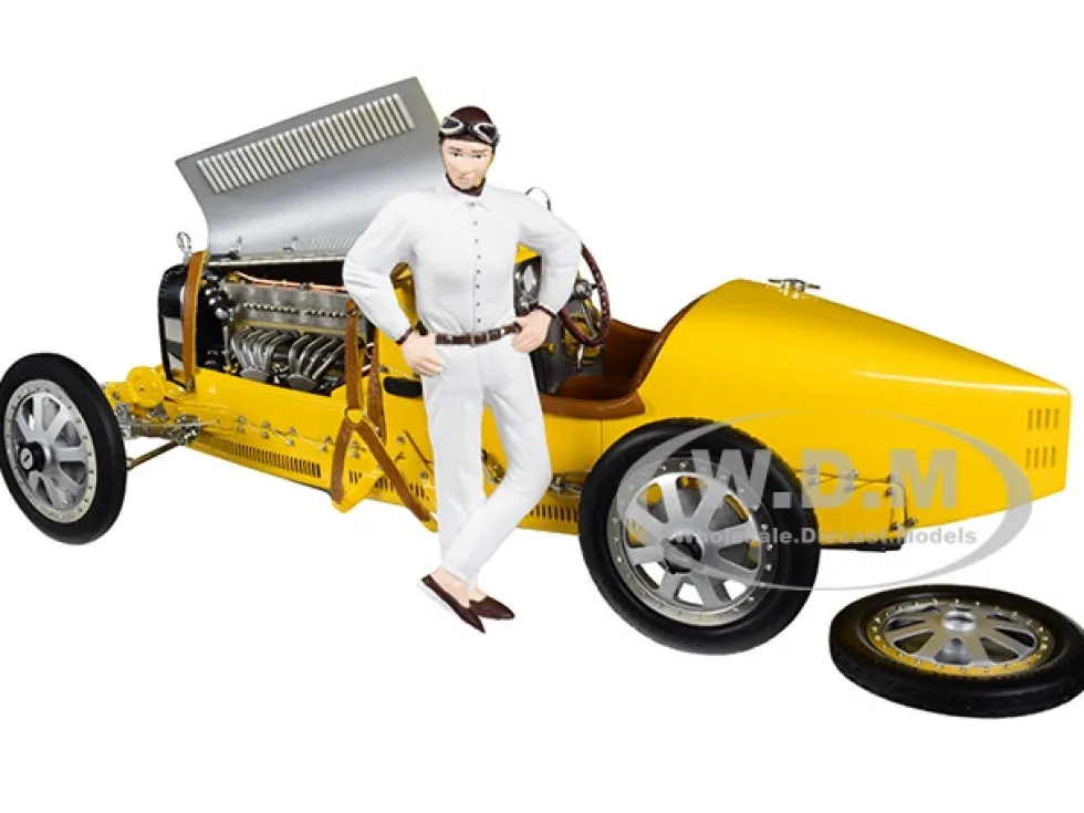 Bugatti T35 #58 Grand Prix Yellow Livery Female Racer Figurine Limited Edition 600 pieces Worldwide 1/18 Diecast Model Car CMC 100B017