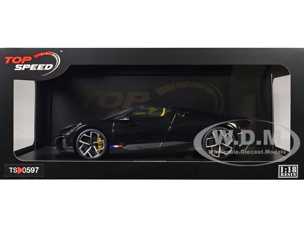 Bugatti W16 Mistral Black with Yellow Interior 1/18 Model Car by Top Speed