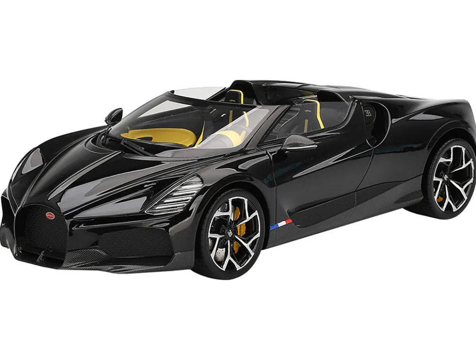 Bugatti W16 Mistral Black with Yellow Interior 1/18 Model Car by Top Speed