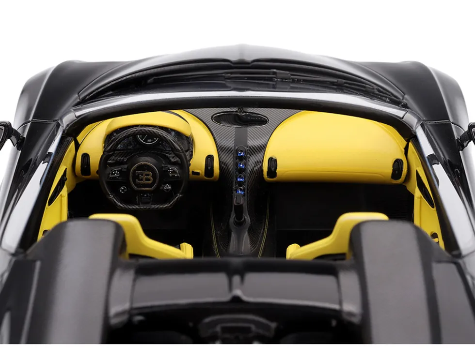 Bugatti W16 Mistral Black with Yellow Interior 1/18 Model Car by Top Speed