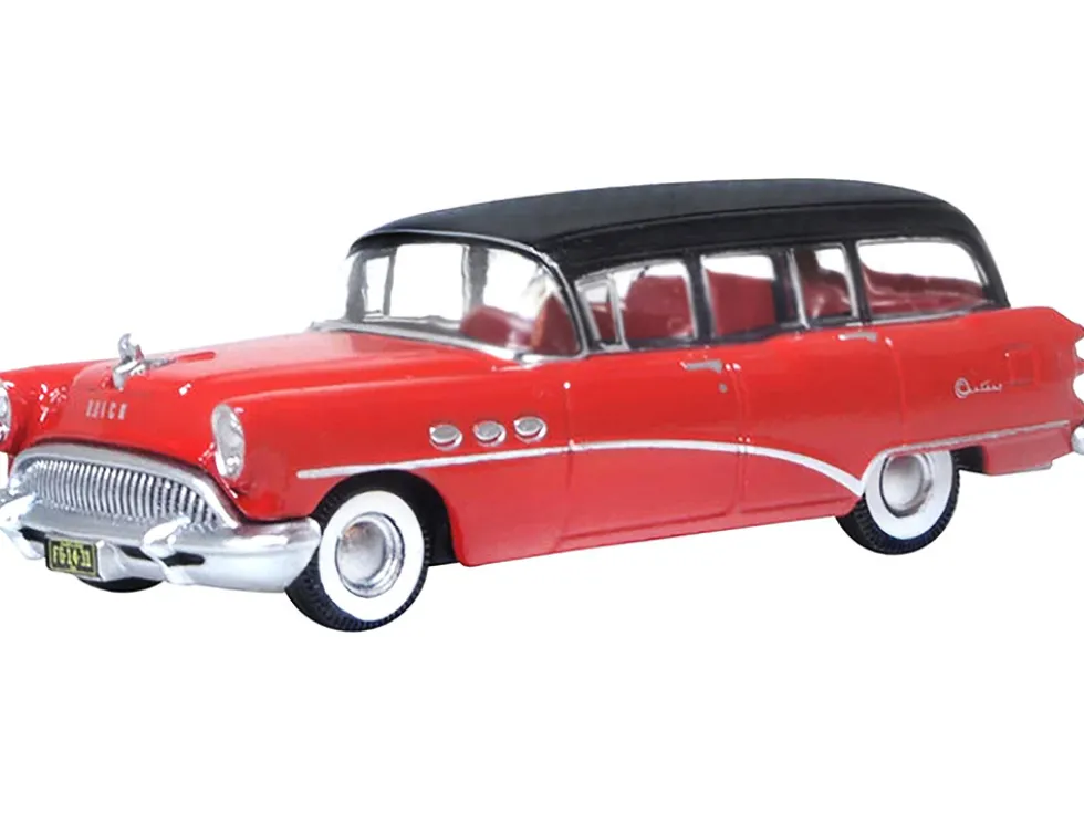 1954 Buick Century Estate Wagon Matador Red and Carlsbad Black with Red Interior 1/87 (HO) Scale Diecast Model Car by Oxford Diecast