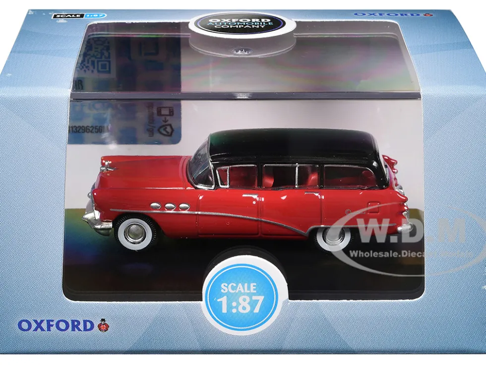1954 Buick Century Estate Wagon Matador Red and Carlsbad Black with Red Interior 1/87 (HO) Scale Diecast Model Car by Oxford Diecast