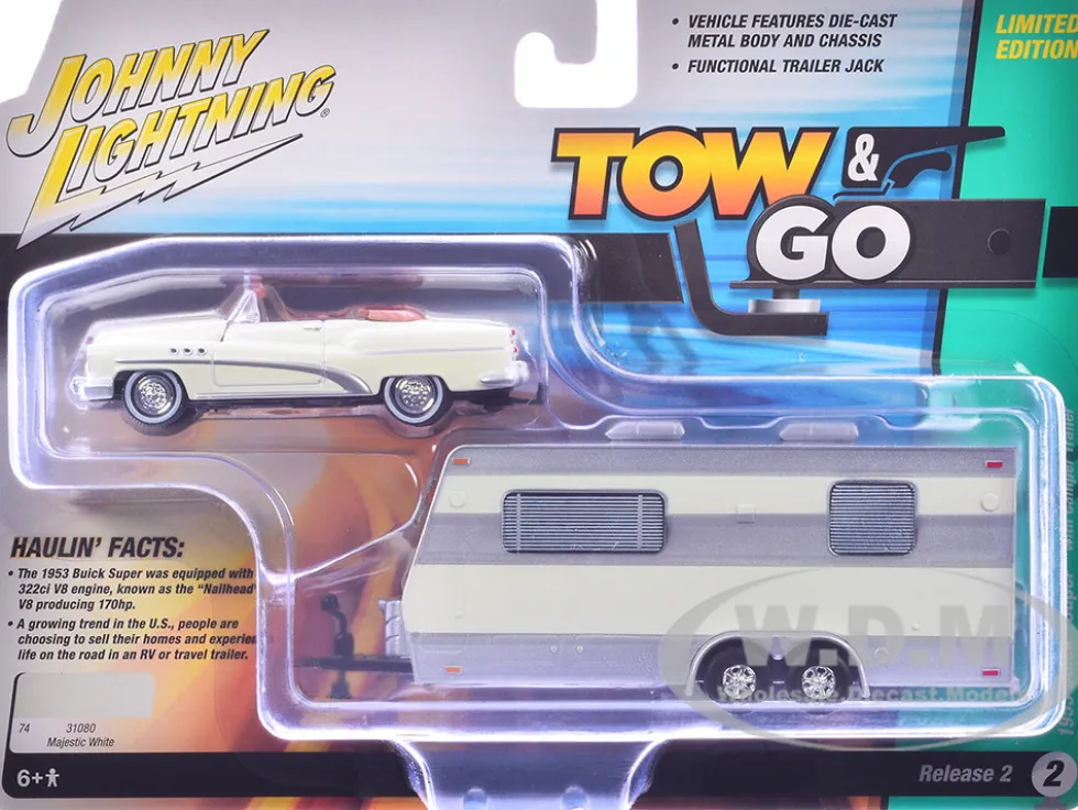 1953 Buick Super Cream with Travel Trailer Limited Edition "Tow & Go" Series 1/64 Diecast Model Car by Johnny Lightning