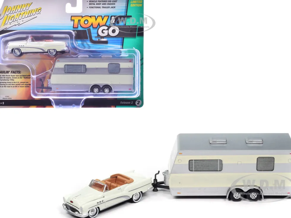 1953 Buick Super Cream with Travel Trailer Limited Edition "Tow & Go" Series 1/64 Diecast Model Car by Johnny Lightning
