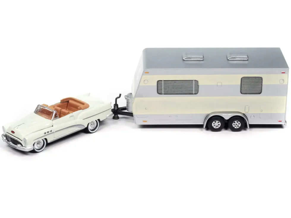 1953 Buick Super Cream with Travel Trailer Limited Edition "Tow & Go" Series 1/64 Diecast Model Car by Johnny Lightning